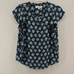 LOFT Dark Green Floral Ruffle Sleeve Blouse Size Medium Petite